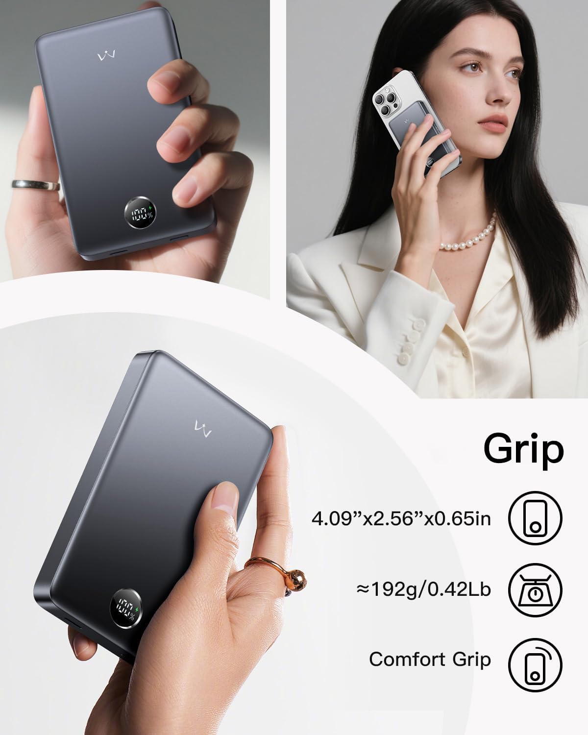 iWALK Magnetic Portable Charger, Qi2 Certified 15W Magnetic Power Bank with LED Display, 30W PD Fast Charging, 10,000mAh Battery Pack, Ergonomic Design, for iPhone 16/15/14/13/12 Series Gray