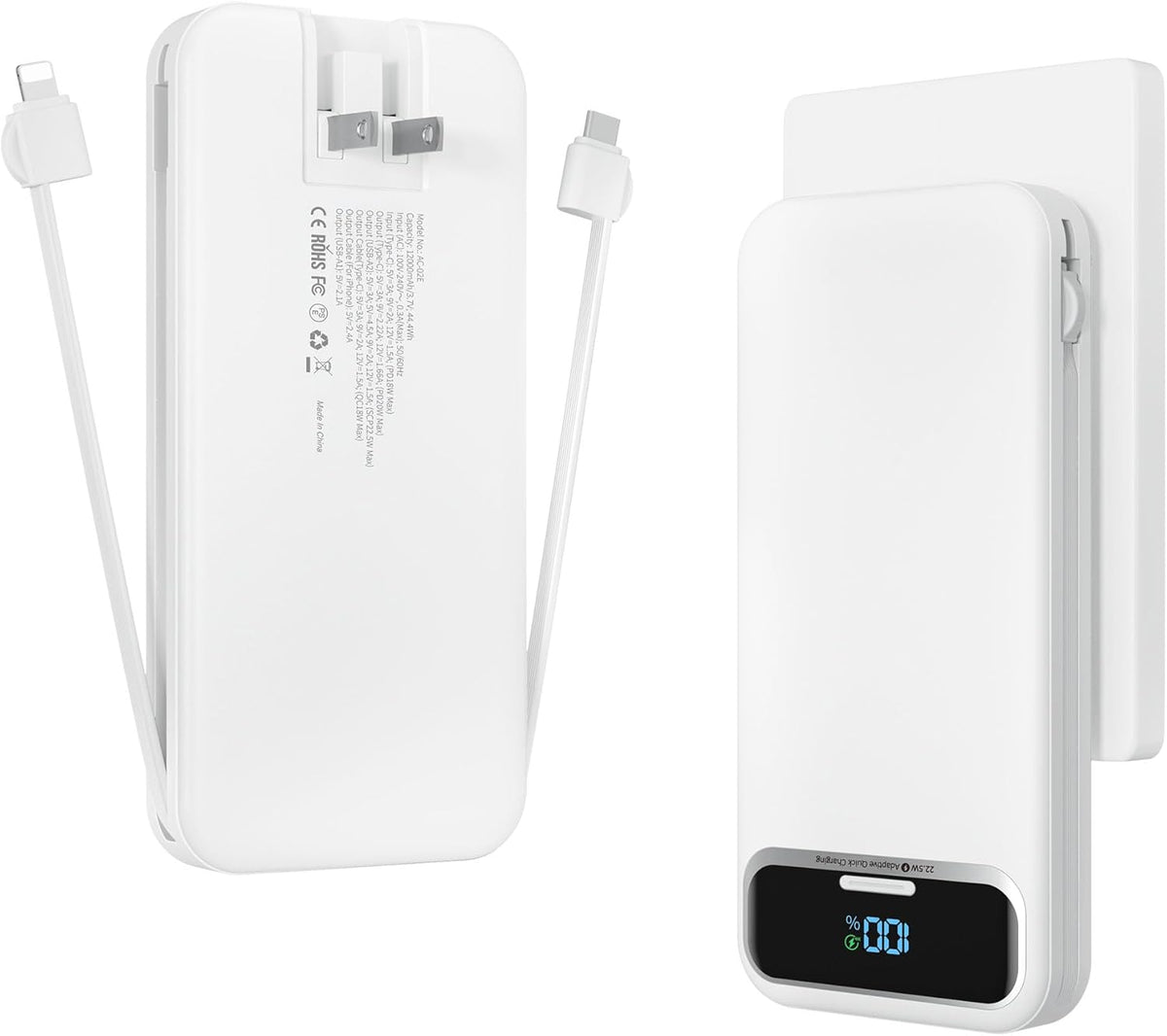 12000mAh Lightweight-Portable-Charger-Power-Bank with Built-in Cables and AC Wall Plug, PD20W USB-C Fast Charging Battery Pack, LED Display External Travel Phone Charger for All iPhone,Samsung,Android