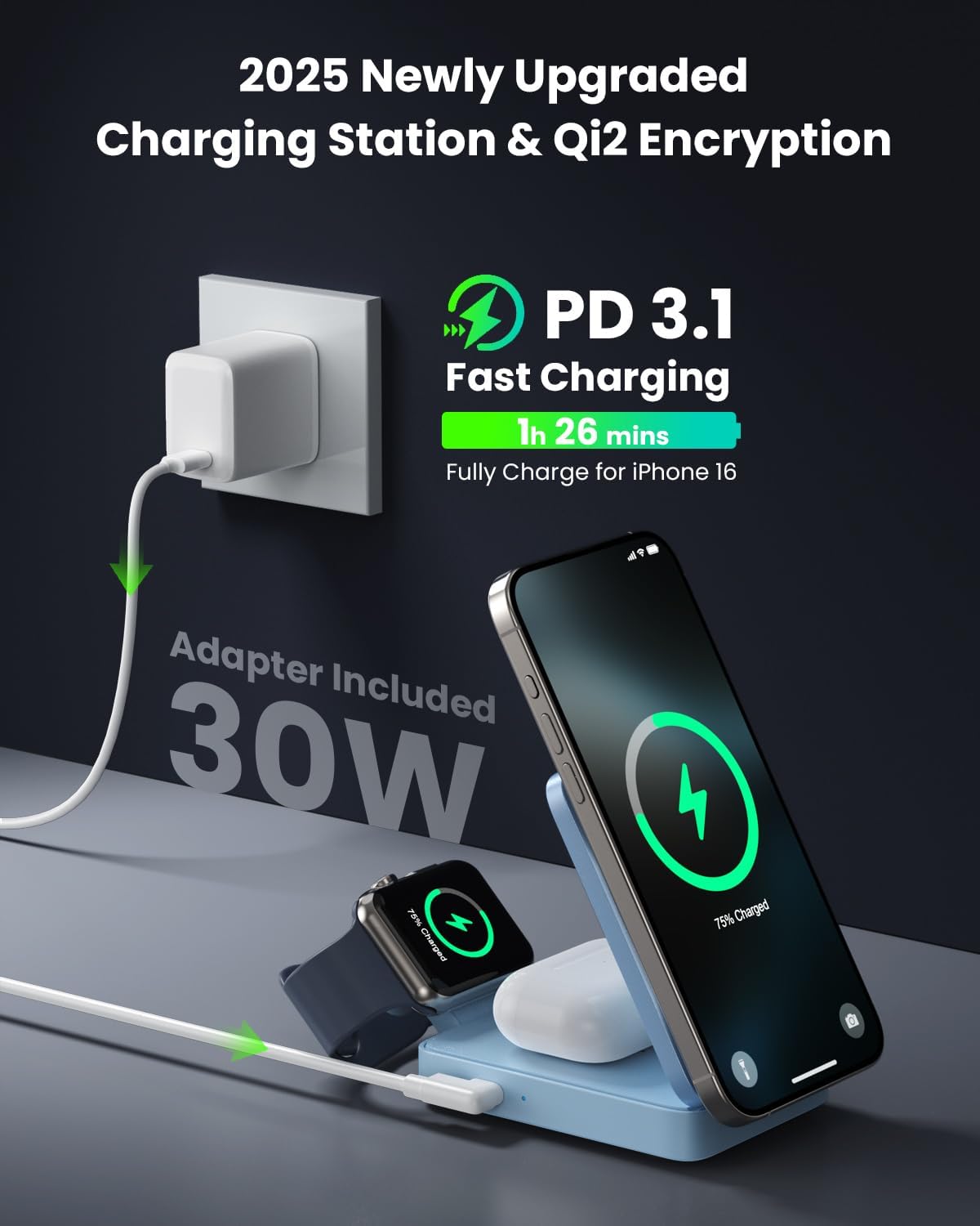3-in-1 Wireless Charger Charging Station for iPhone, Qi2 Certified 15W Fast Charging Foldable Magnetic Charger Stand with 30W USB C Adapter for MagSafe iPhone 16/15/14/13/12, Apple Watch, AirPods