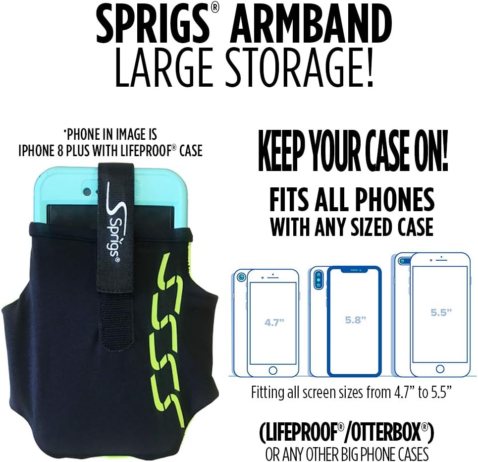 Sprigs Phone Armband Sleeve for iPhone 14, 13, 12, 11, X Galaxy Z, S22, S21, S20 Google Pixel 7, 6, 5. The Lightest & Most Comfortable Running Armband, Stretches to Fit All Phones with Case for Women & Men