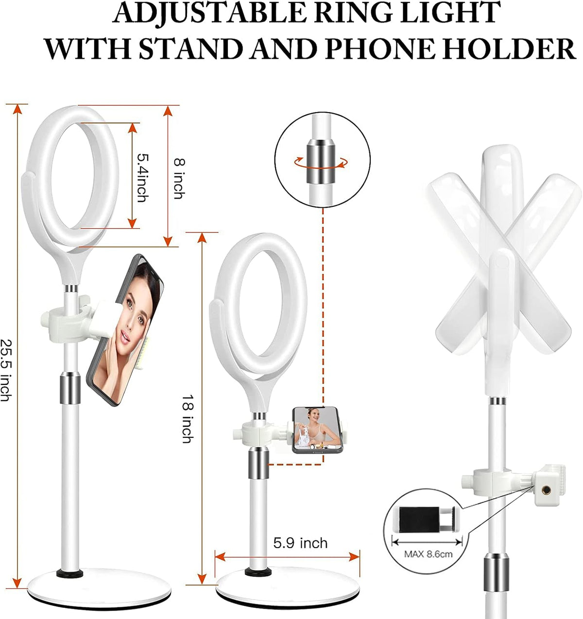 8 inch Desk Ring Light with Stand, Adjustable Computer Circle Light for Video Conference Lighting, Zoom Calls, Virtual Meeting, Video Recording, Selfie Light with Phone Holder for Streaming, Podcast