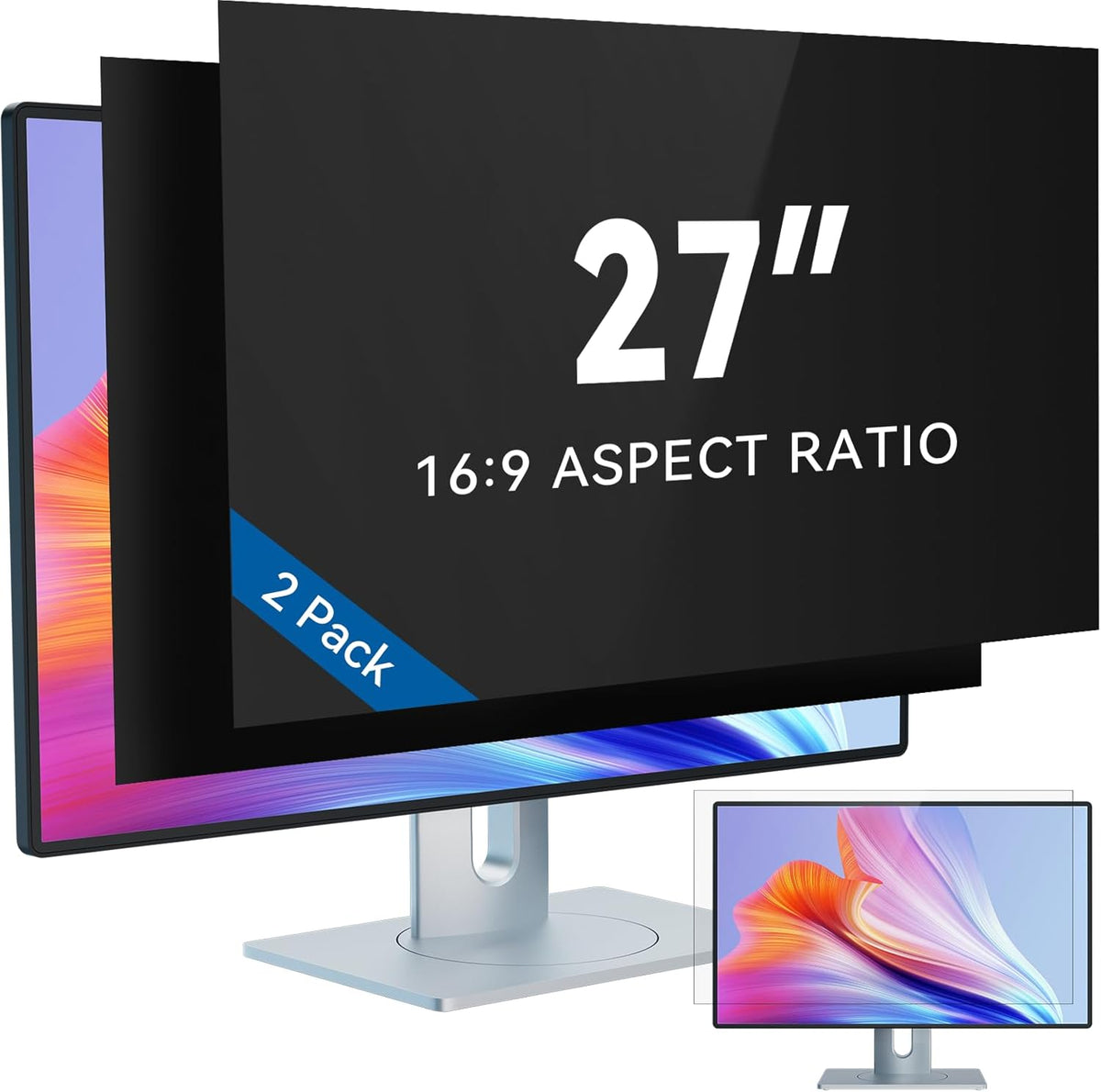 IPROKKO [2 Pack] 27 Inch Computer Privacy Screen Filter for 16:9 Widescreen Monitor, Removable 27inch Anti Blue Light Glare Privacy Shield, Anti Spy Security Protector for Hp Dell Asus Acer Samsung