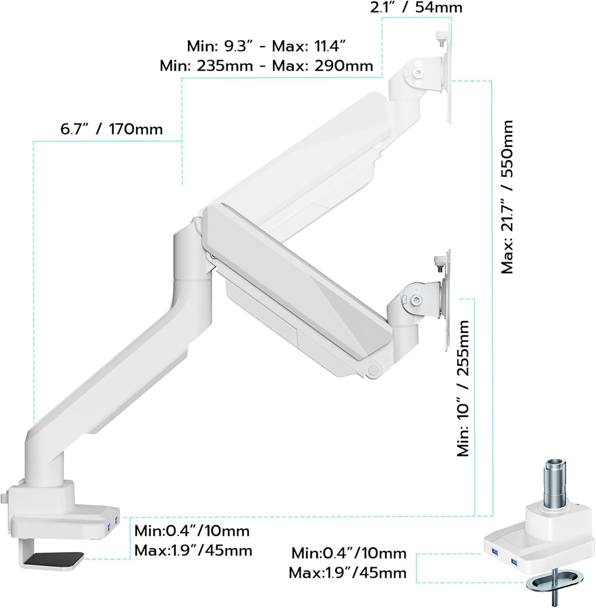 ARES WING Single Monitor Arm, Heavy Duty Adjustable Monitor Arm for 13"-45" Screens with USB, Gas Spring Desk Mount Stand with C Clamp/Grommet Mounting Base up to 40lbs Computer, White