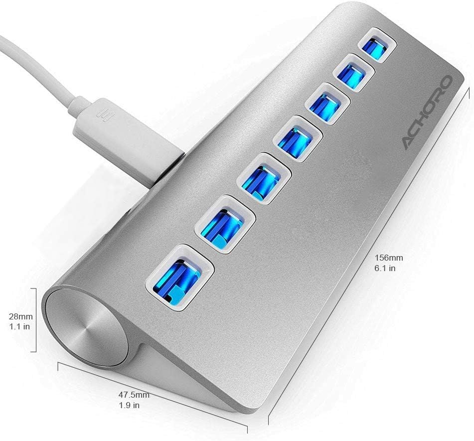 Achoro 7 Ports USB 3.0 Hub - Triangle Aluminum Alloy - High-Speed USB Port Expander - Compatible with PC, iMac, MacBook, Windows, Desktop, and More – Computer Multiple USB HUB (Silver)
