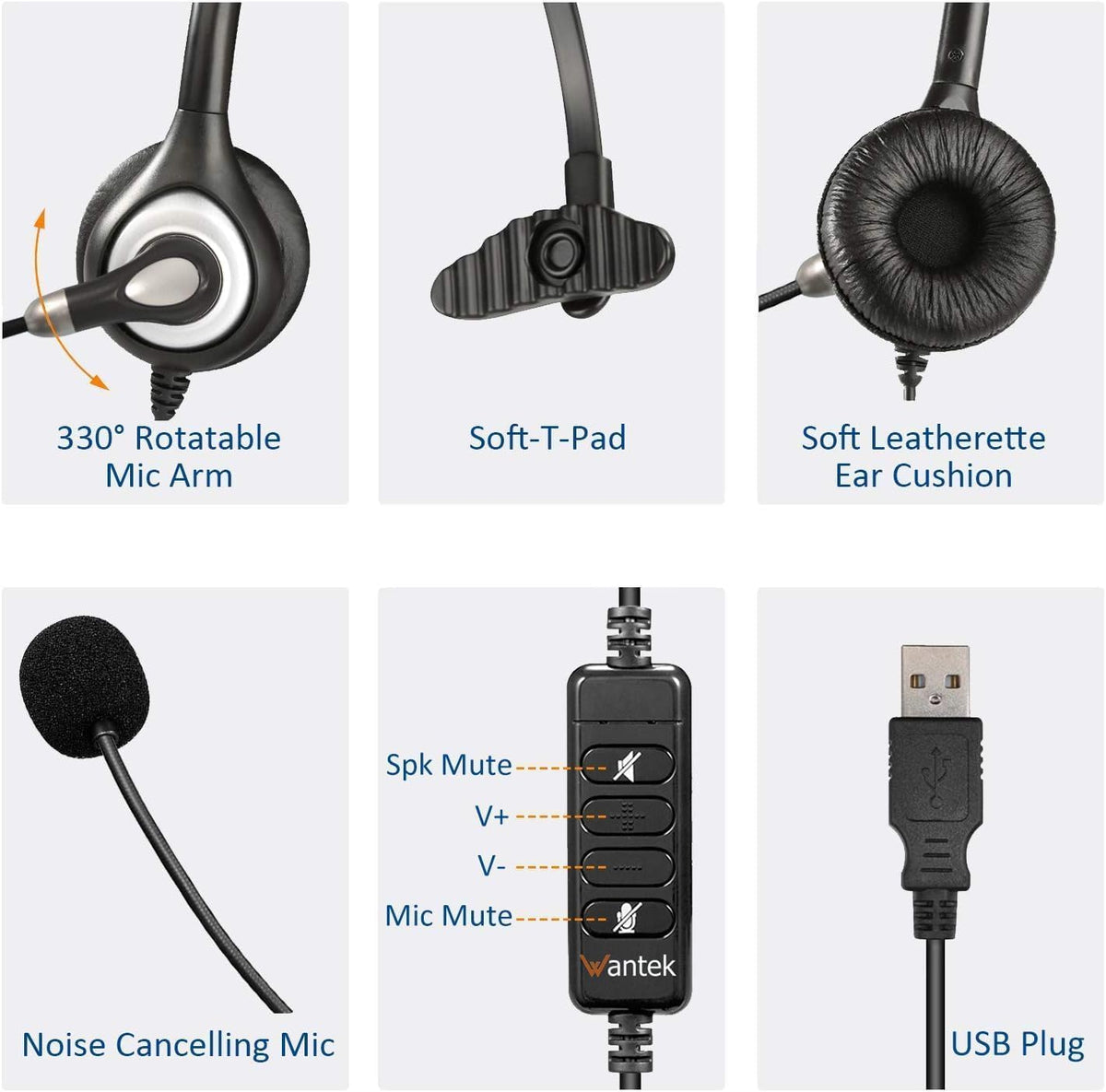 USB Headset with Microphone Noise Cancelling & Audio Controls, Computer Headphones for PC Laptop, Business, Home Office, Call Center, Skype, Zoom, Webinar, Clear Chat, Super Light,Single