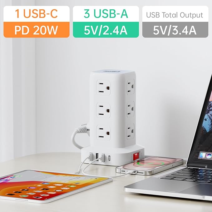 Power Strip with 12 Outlets 4 USB (1 USB C), 6.5Feet Extension Cord with Multiple Outlets, Charging Station, Power Strip Tower, Home Office Desk Supplies