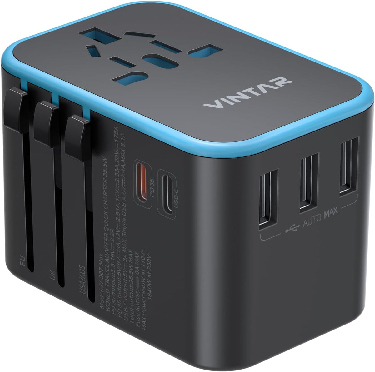 Universal Travel Adapter, VINTAR 35.5W International Power Adapter with 3 USB A QC and 2 USB C PD, All in One Plug Adapter Worldwide Travel Essentials for EU/UK/USA/AUS(Type C/G/A/I), Blue
