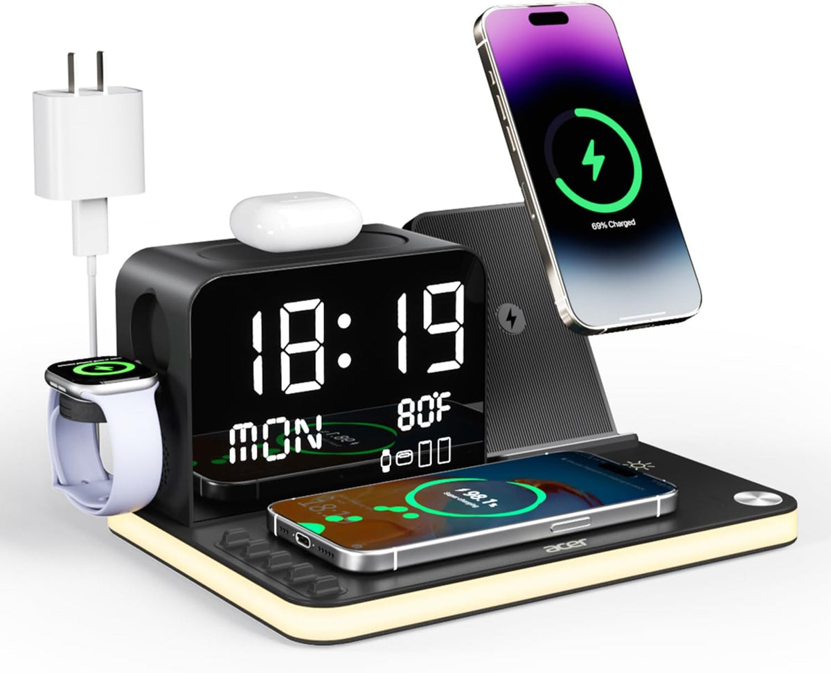 acer 7-in-1 Wireless Charging Station: Charger Stand for Multiple Devices for Apple - iPhone 16 15 14 13 12 Pro Max Apple Watch Airpods, Wireless Charger iPhone Charging Station with Bluetooth TimeSyn