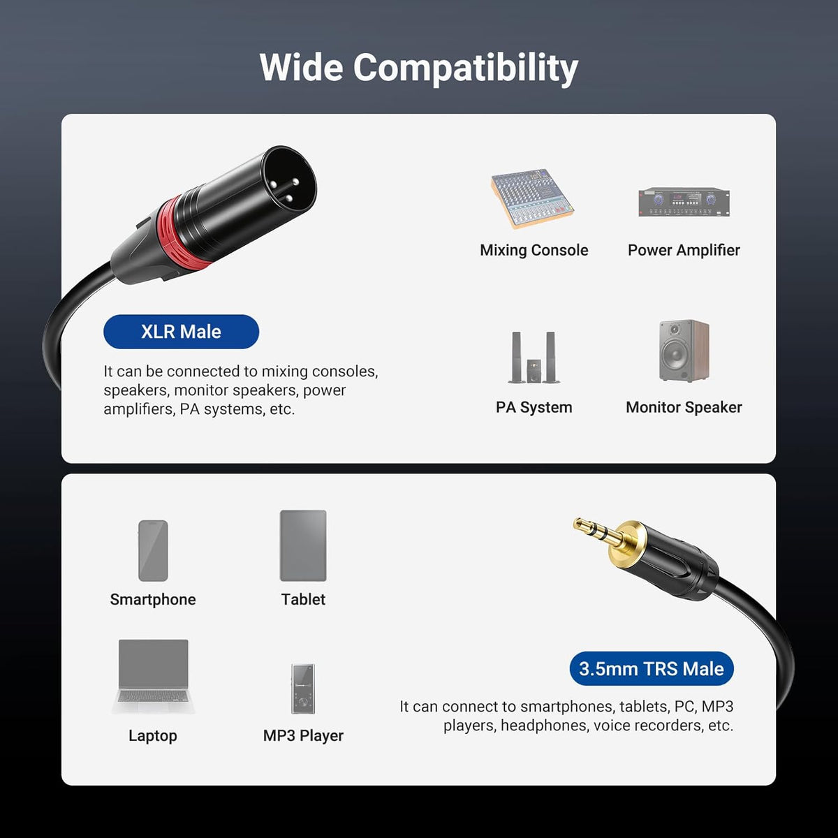 3.5mm 1/8 Inch 10ft MP3 MS024 NEEWER TRS AUX to Dual XLR Breakout Cable, Male to Male Audio Cord Adapter Connector