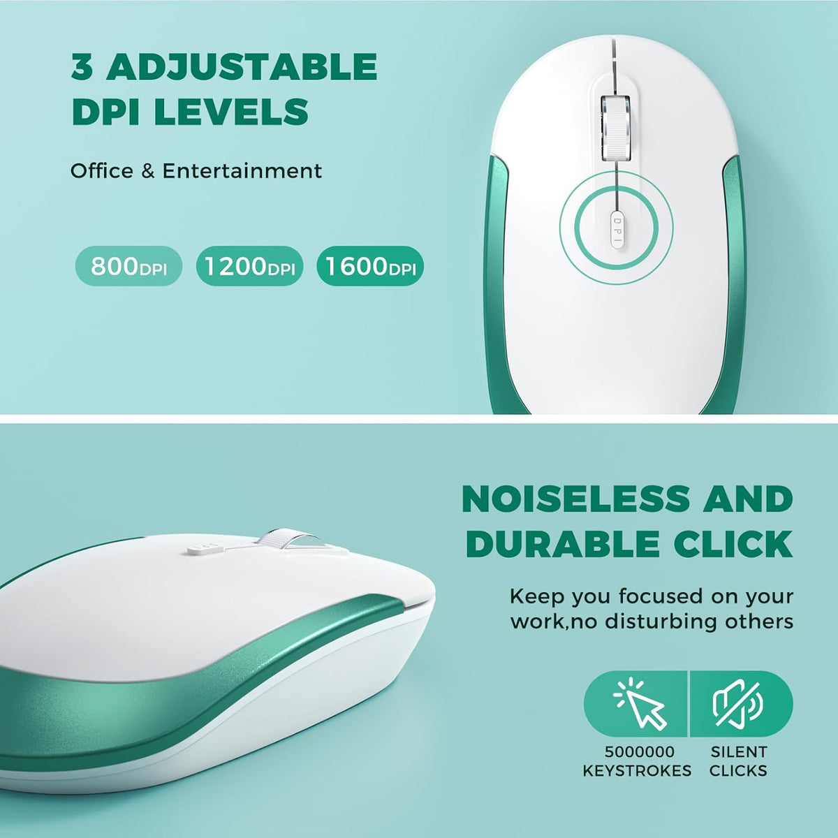 Wireless Keyboard and Mouse, Vssoplor 2.4GHz Rechargeable Compact Quiet Full-Size Keyboard and Mouse Combo with Nano USB Receiver for Windows, Laptop, PC, Notebook-Blackish Green