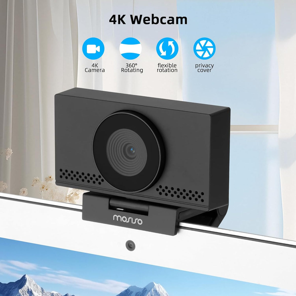 MOSISO 4K Webcam for PC & Laptop with Microphone and Webcam Cover, Auto Light Correction, USB Plug and Play for Live Streaming Video Call Conference Online Lessons Game, Black