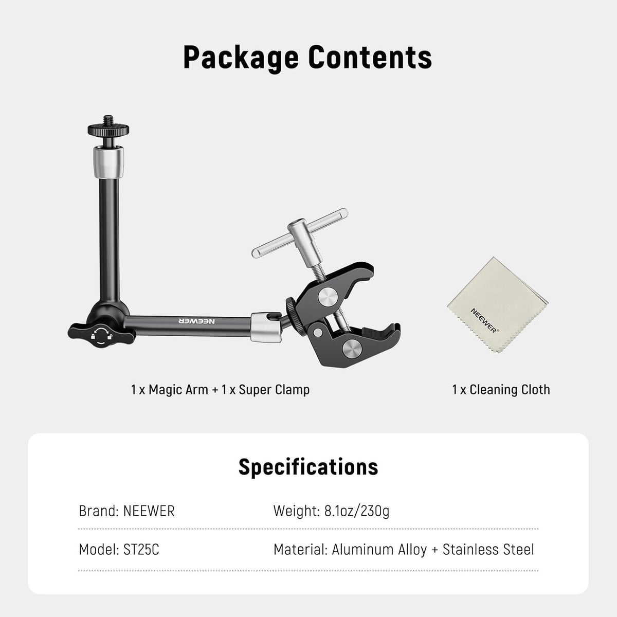 9.8"/25cm 1/4" 3/8" 4.4lb/2kg, ST25C NEEWER Magic Arm with Super Clamp & Cleaning Cloth, & Threads for Flash/LED