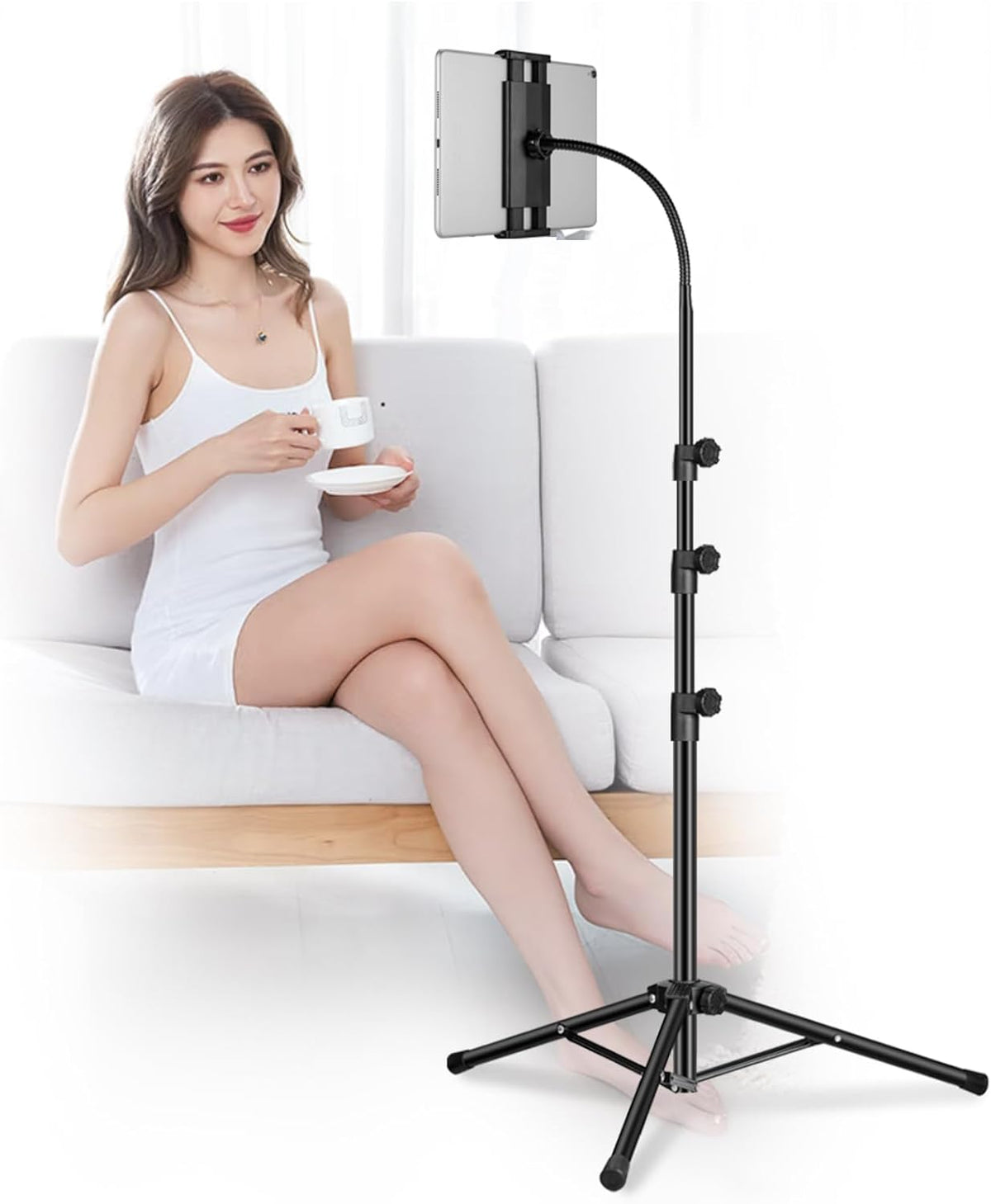 Ipad Tripod Stand, Gooseneck 65" Height Adjustable Floor Stand with 360° Rotating iPad Tripod Mount for iPhone,iPad pro,Kindle and All 4.5-12.9 Inch Tablet and Phone