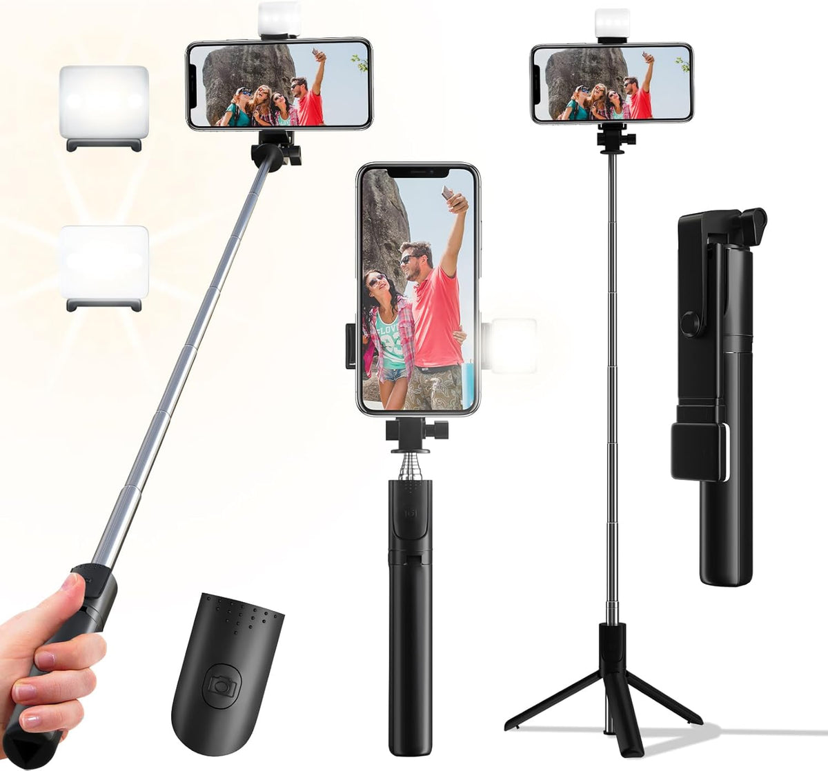 Selfie Stick, 40 in Retractable Phone Tripod with Wireless Remote Control & Light, Portable Selfie Stick Tripod for Photograph, Live Streaming, Video Recording, Compatible with All Cellphones