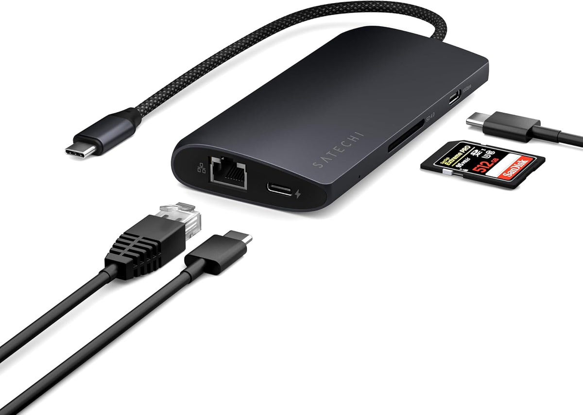 Satechi 8 in 1 USB C Hub Multiport Adapter V3, 8K HDMI, 100W Charging, 4 USB Data Ports, Ethernet, SD Card Reader, for Laptop, for Mac/Windows, MacBook Pro/Air M4/M3/M2/M1, iPad, iPhone 16 - Midnight