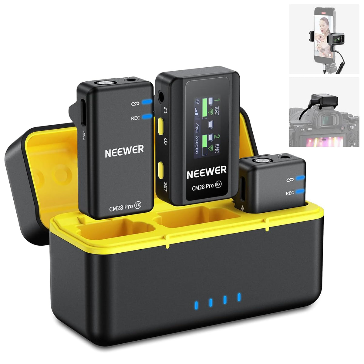 NEEWER CM28 PRO Wireless Lavalier Lapel Microphone System with Charging Case 48KHz 16 Bit Uncompressed Audio Noise Canceling 4GB Storage 9Hrs Recording Compatible with iPhone iPad Android Camera PC
