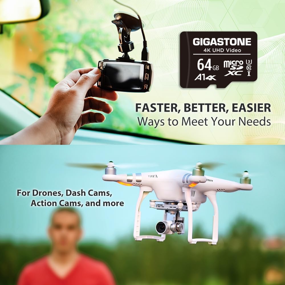 Gigastone 64GB A1 V30 4K 90MB/s A1 10, Micro SD Card, Video Recording, Surveillance Security Cam Action Camera Drone