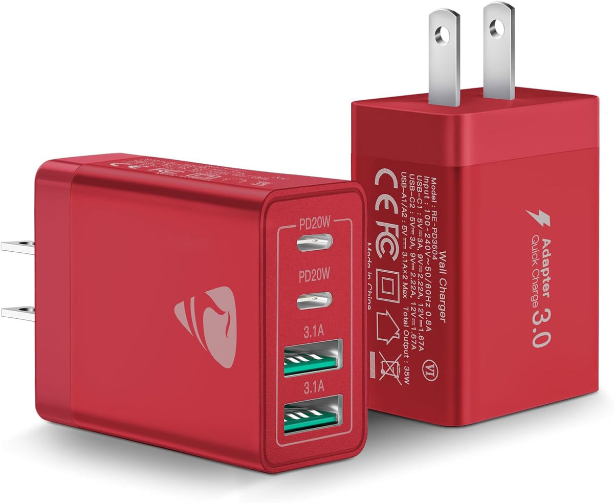 USB C Charger Block 2-Pack, Aiminu 40W 4-Port Fast USB C Charger Cube PD Power Delivery Fast Type C Charging Block Plug Adapter for iPhone 16/15/14/13/12/11/Pro Max, XS/XR/X, iPad, Android Phones