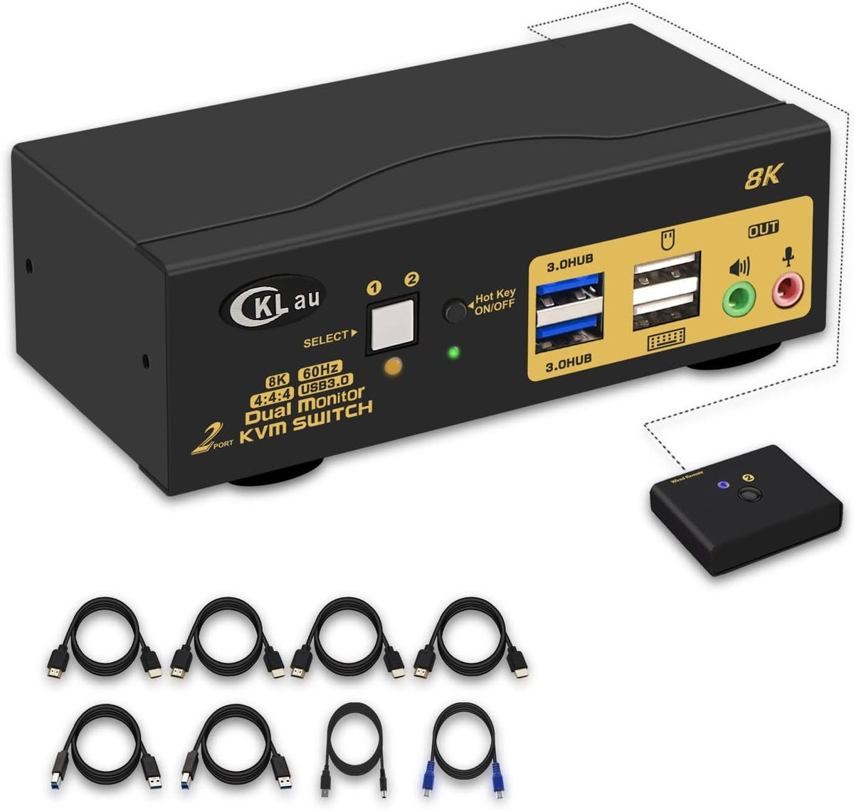 CKLau 2 Port USB 3.0 Dual Monitor HDMI KVM Switch 8K@60Hz 4K@144Hz with Audio Output and Cables Support HDMI 2.1, HDCP, HDR