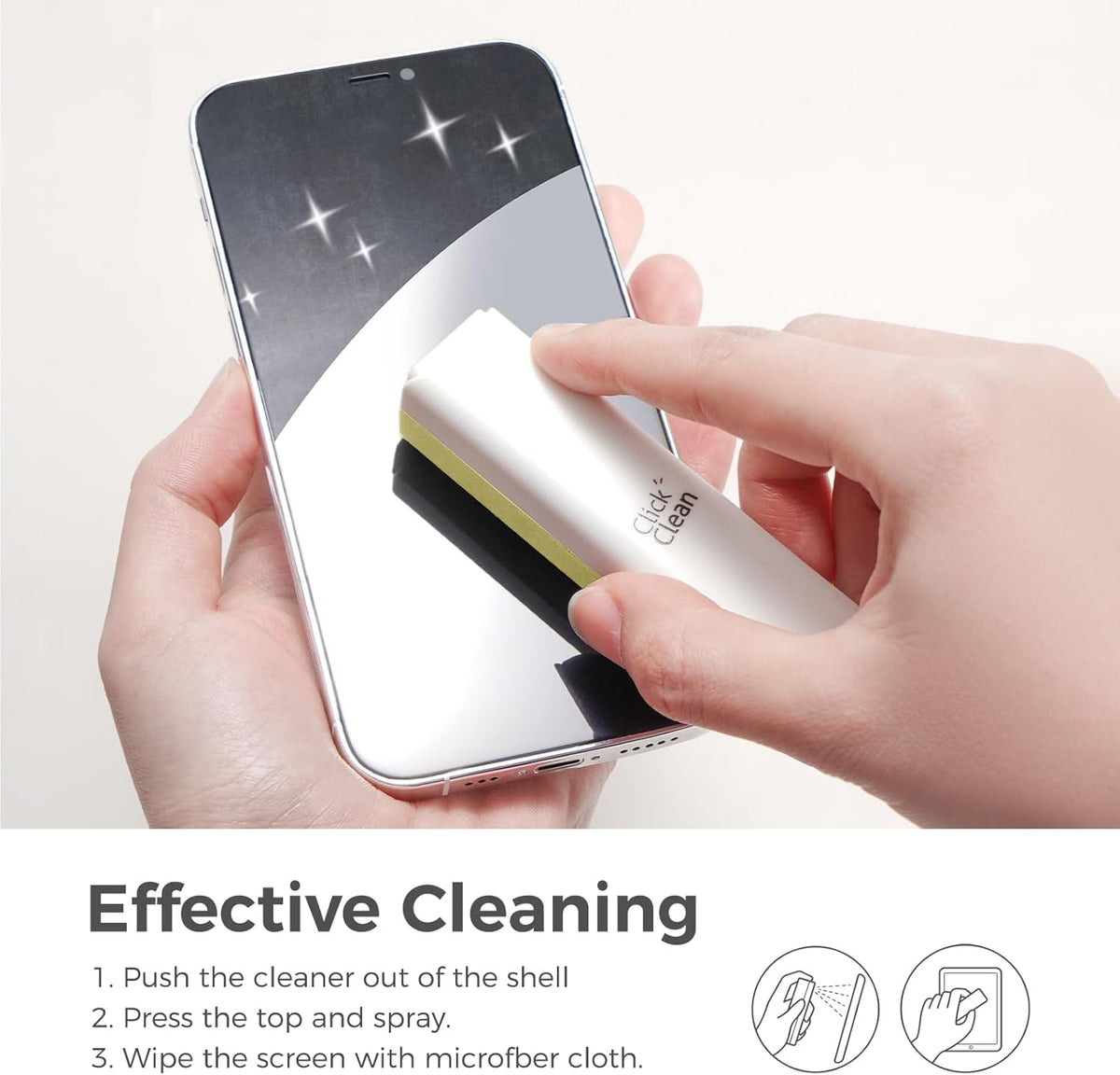CLICK CLEAN Screen Cleaner, Fingerprint Proof Screen Cleaner Spray, All-in-One Cleaner with Microfiber and Shell for All Phones, Laptop and Tablet Screens (Beige)