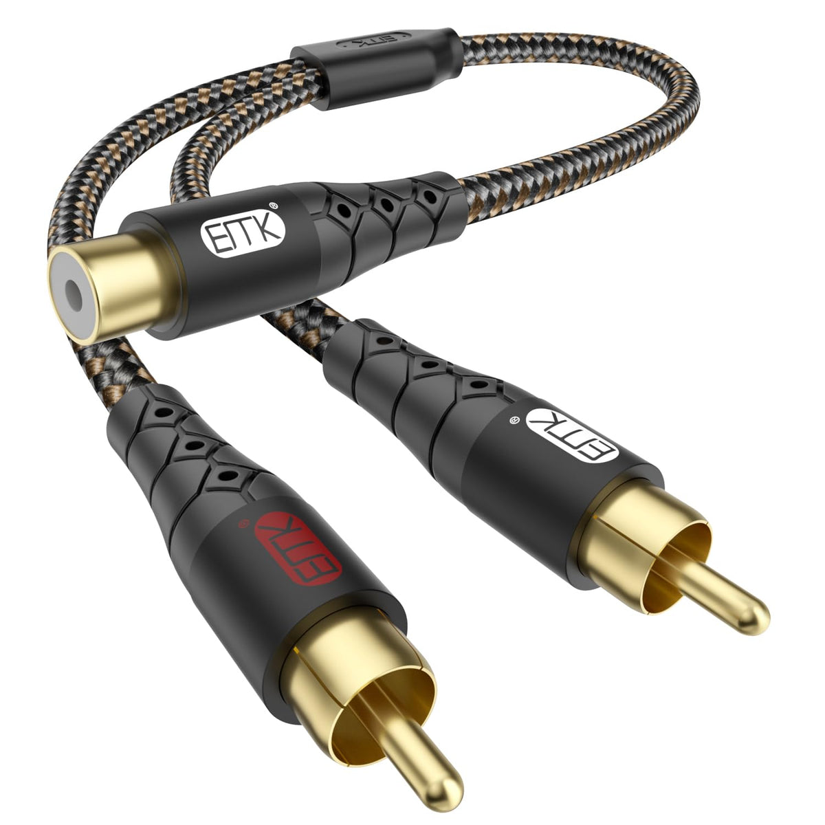 EMK RCA Splitter 2 Male to Female Extension Cable Dual Shielding Gold Plated Nylon Braided RCA Splitter 1 Female to 2 Male Cord Adapter Black/1ft/30CM