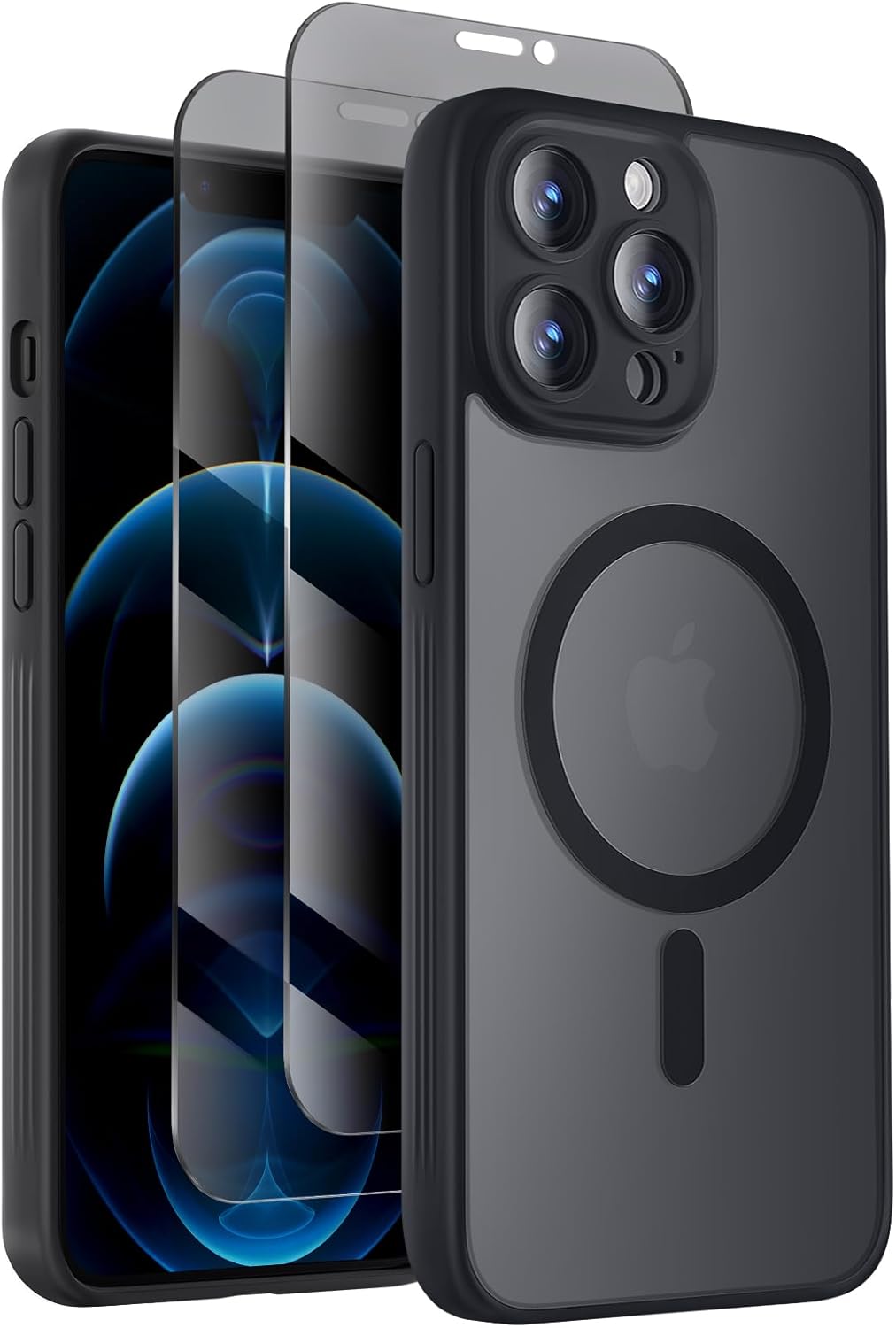 Designed for iPhone 12 Pro Case, Compatible with MagSafe, with Privacy Screen Protectors X2, [Camera Protection] [15FT Military Drop Protection] Shockproof Phone Case, 6.1", Black