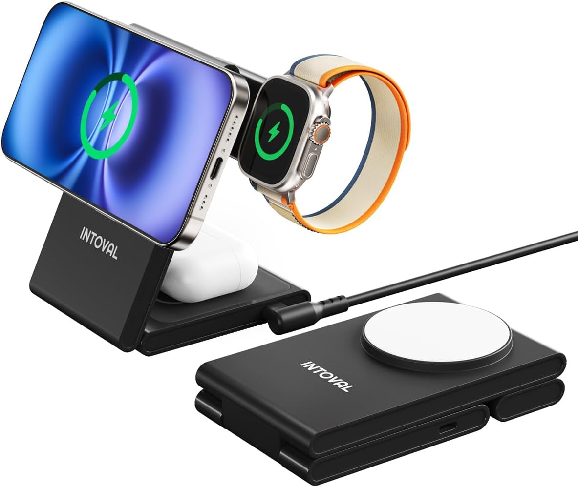 Intoval 3-in-1 Magnetic Charging Station, Travel Foldable Charging Dock for Magsafe iPhone 16 to 12(Plus/Pro/Pro Max), Apple Watch and AirPods, Desk and Bedside Trio Magnetic Stand (M5,Black)