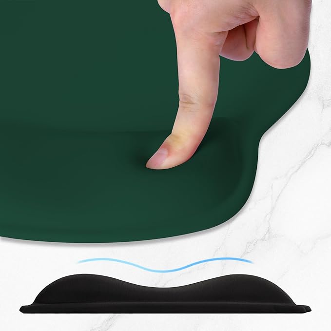 ITNRSIIET Ergonomic Mouse Pad with Wider Memory Foam Wrist Rest +17% - Curved Cushion Reduces Pressure 20%, Pain Relief, Non-Slip, Smooth, Cute Colors, 9.85 x 9 in, Deep Green