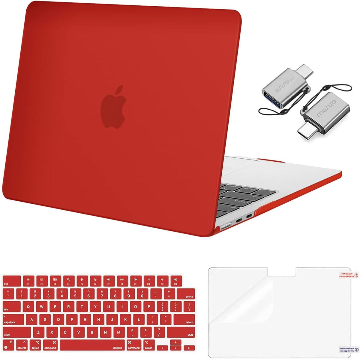 MOSISO Compatible with MacBook Air 13 inch Case 2025 2024 2023 2022 M4 A3240 M3 A3113 M2 A2681, Plastic Hard Shell&Keyboard Cover&Screen Film&Type C for MacBook Air 13.6 inch Case, Red