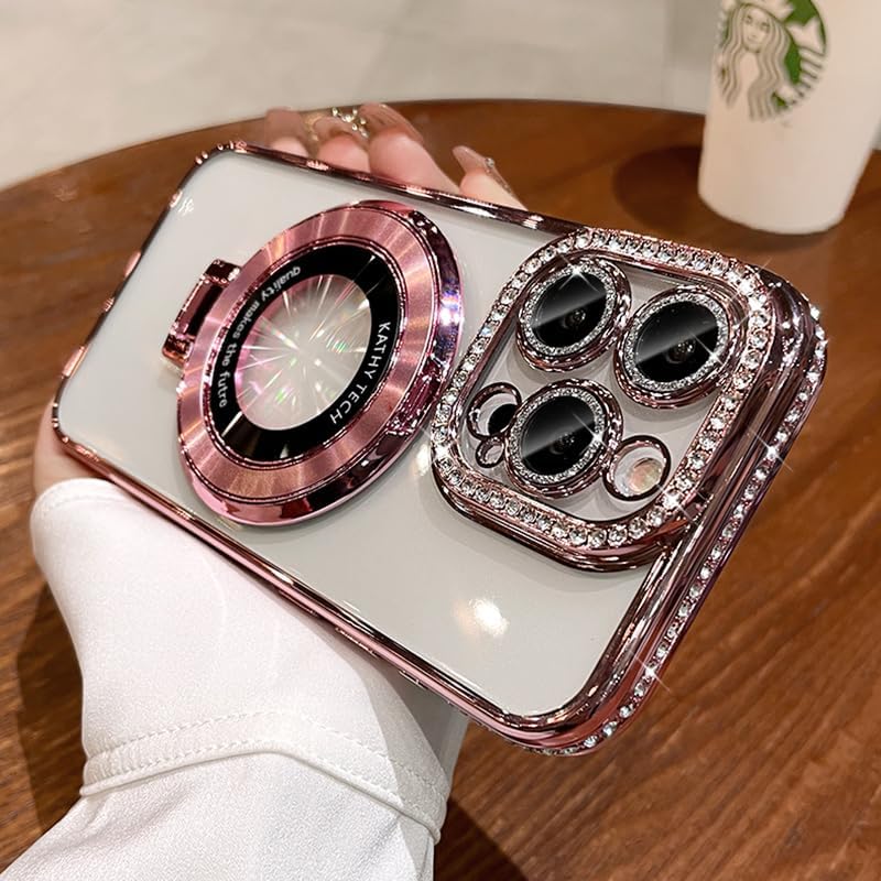 Magnetic Kickstand (Glitter Lens Protector ) Case for iPhone 15 14 13 12 Pro Max (Compatible with Magsafe ) Sparkling Diamond Cover Glitter Shiny Rhinestone Cases (Pink,for iPhone 15 Plus)