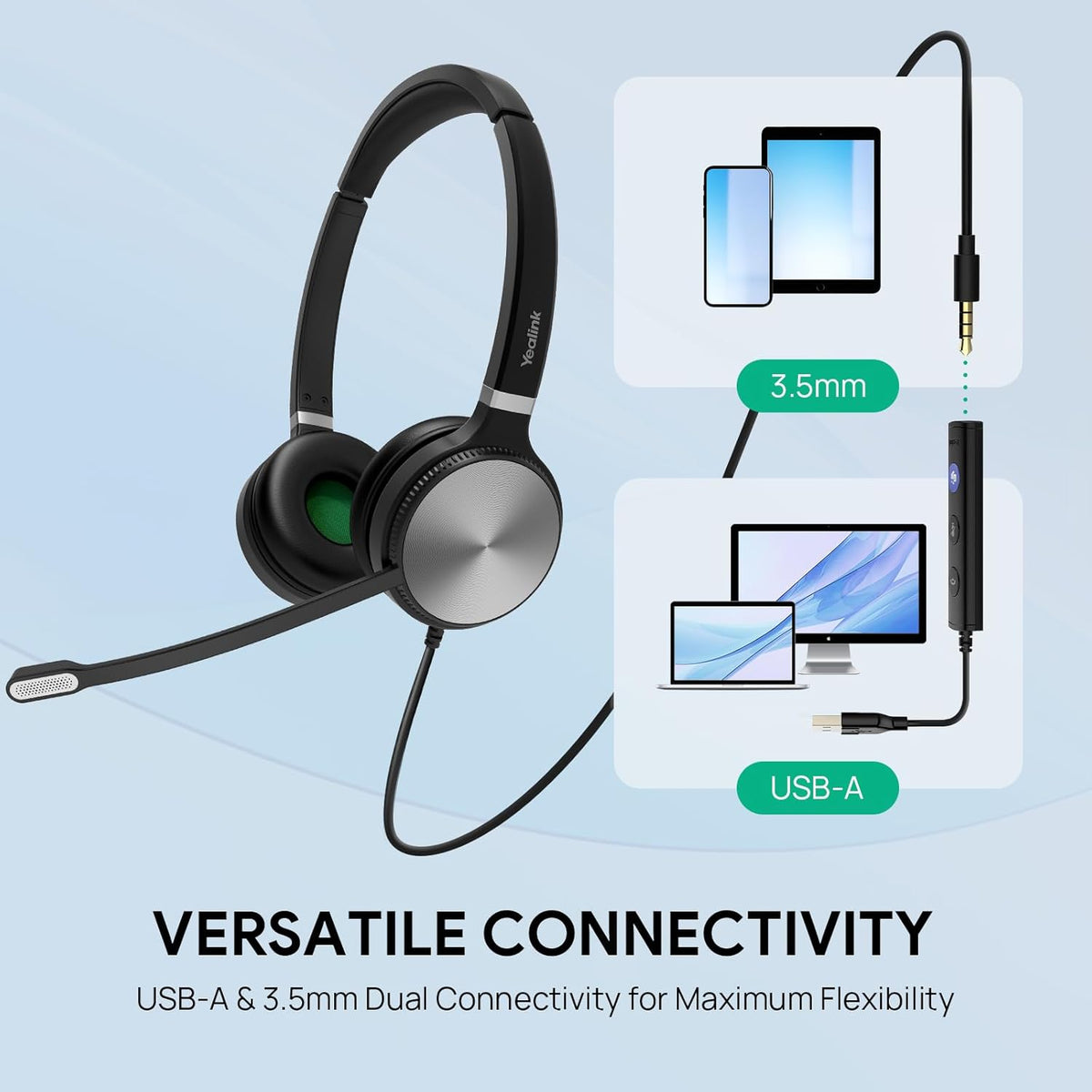 Yealink UH36 Professional USB Headset, Wired Headphones for Computer PC Laptop Work Headset with Noise Canceling Mic for Call and Music（for Teams Certified, Stereo,3.5mm Jack/USB Connection）