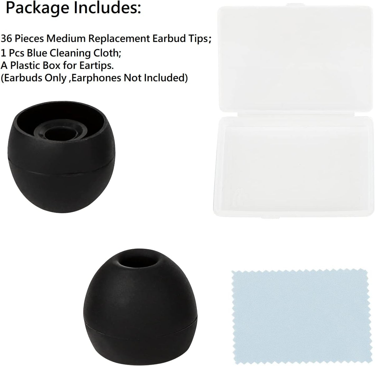 36 Pieces Medium Earbud Tips Soft and Comfortable Ear Bud Replacement Pieces Silicone Fit Most in-Ear Headphones，Inner Hole 3.8mm -5.5mm，Medium Black Earbud Replacement Tips