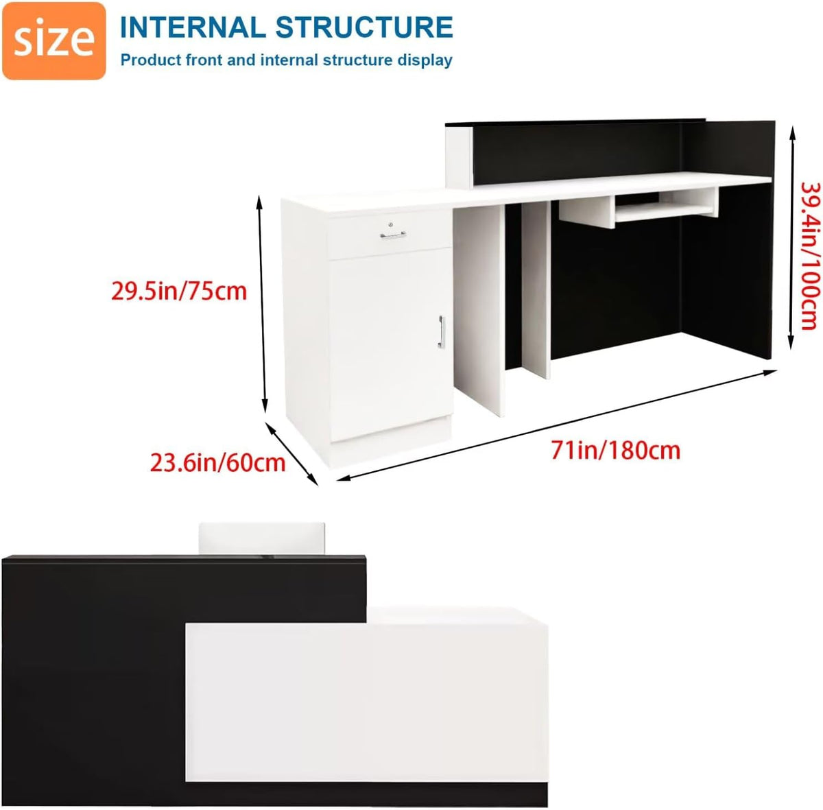 Reception Desk with Counter Modern Checkout Counter with Lockable Drawer Keyboard Tray Receptionist Desk for Office Salon Reception Table T Left 71inch/180cm