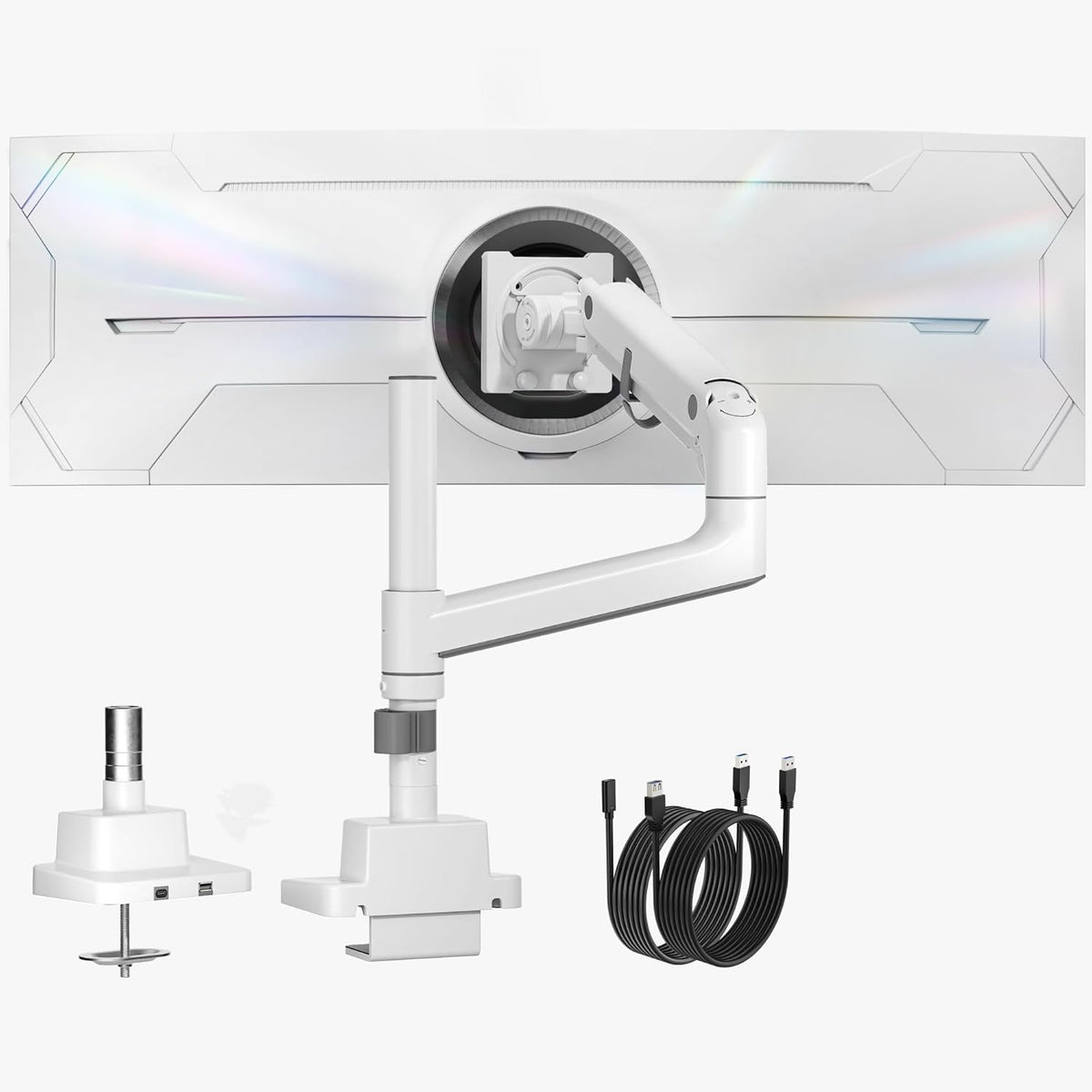 monTEK Heavy-Duty Single Monitor Arm for 17-57 inch, up to 59.4lbs Ultrawide Screens,Gas Spring Dual Curved Adjustable Monitor Stand for Desk,75/100mm VESA Mount with USB，White