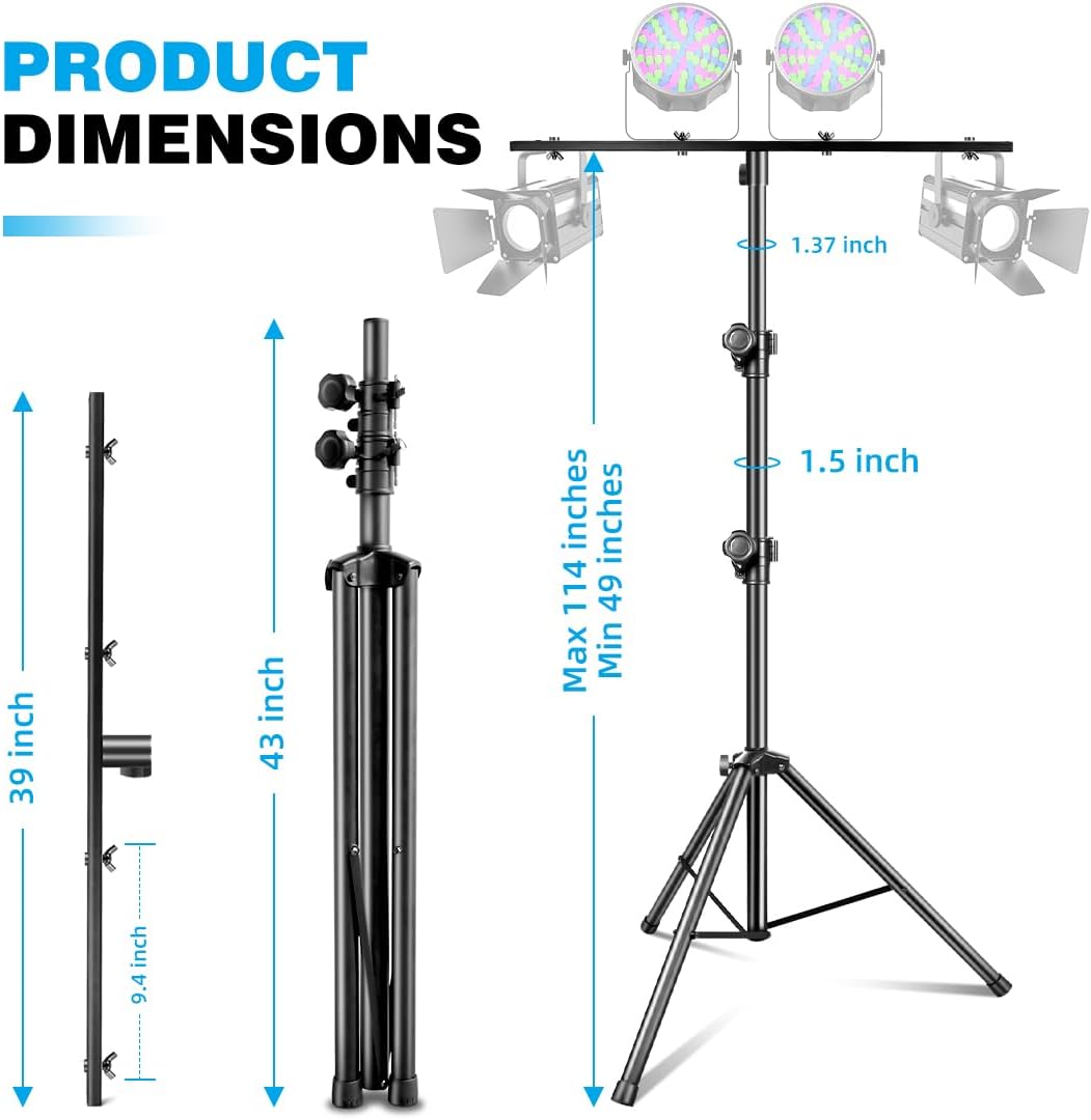 DJ Stand, T-Bar Tripod Stage Lights Stand Portable and Adjustable 49-114 Inch Heavy Duty for Stage, Bar, Par Light