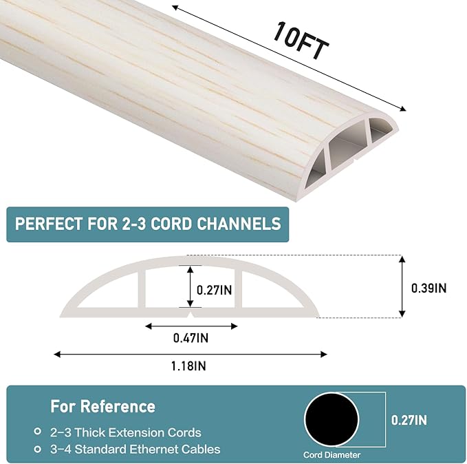 Floor Cord Cover Self Adhesive Cord Hider Floor Extension Cord Covers for Floor Power Cord Protector Cable Management Prevent Cable Trips Cable Cavity 0.47" W x 0.27" H (Beige Wood, 10Ft)