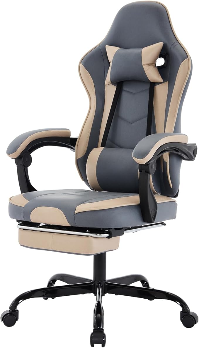 Beige+Blue Ergonomic Gaming Chairs for Adults Swivel Height Adjustable Comfortable Office Desk Chair with Footrest and Lumbar Support PU Upholstered Computer Chair with Headrest (Beige+Blue)