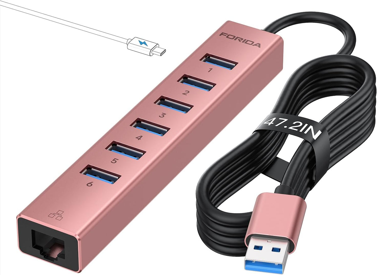 Aluminum USB 3.0 Adapter USB to Ethernet HUB with 120CM Long Cable for Laptop USB Extender with Gigabit Ethernet Port and 5V/3A Power Port 7 Ports USB Hub for iMac PC Flash Drives (Rose Gold)