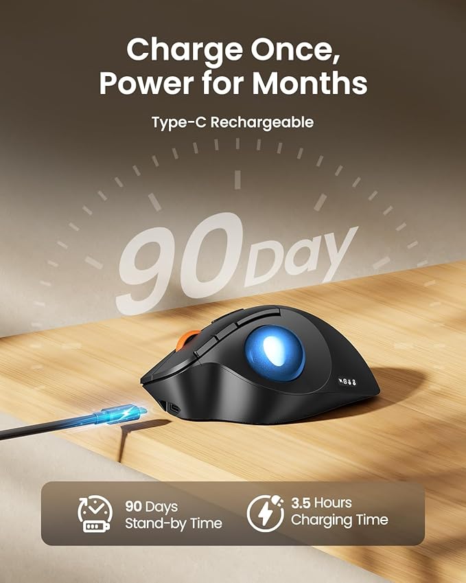 ProtoArc Wireless Bluetooth Trackball Mouse EM02 Two Adjustable Angle Ergonomic Rechargeable Computer Ball Mouse 3 Device Connection Thumb Control and Smooth Tracking for Laptop PC Mac-Blue
