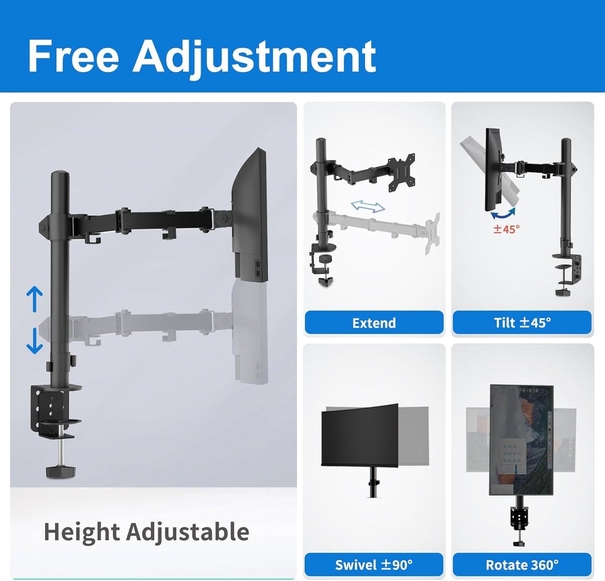 H&C(hcck&Cllassp) Single Monitor Mount, Desk Mount with Swivel, Tilt, Rotation, Height Adjustable, VESA Mount for 17-27” Monitors up to 17.6 lbs, Monitor Stand with C-Clamp, Black
