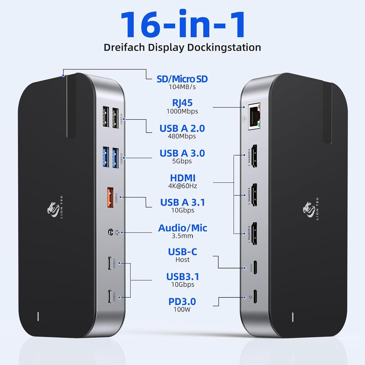 Laptop Docking Station,16 in 1 Docking Station USB C Docking Triple Monitor,USB C Dock Station with 3 HDMI,PD 100W, USB 3.1/3.0/2.0,RJ 45 Ethernet,SD/TF,Audio for Dell/HP/Lenovo