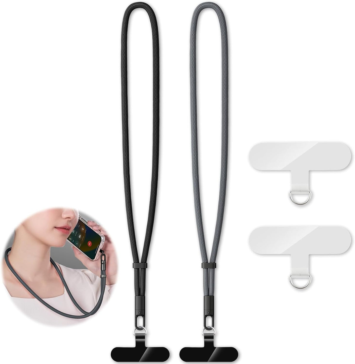 2 Pack Phone Lanyard,2×Phone Neck Strap,4×Tether Tabs,Universal Cell Phone Multifuctional Patch Polyester Lanyards,Cell Phone Lanyards for Women and Men(balck+grey)