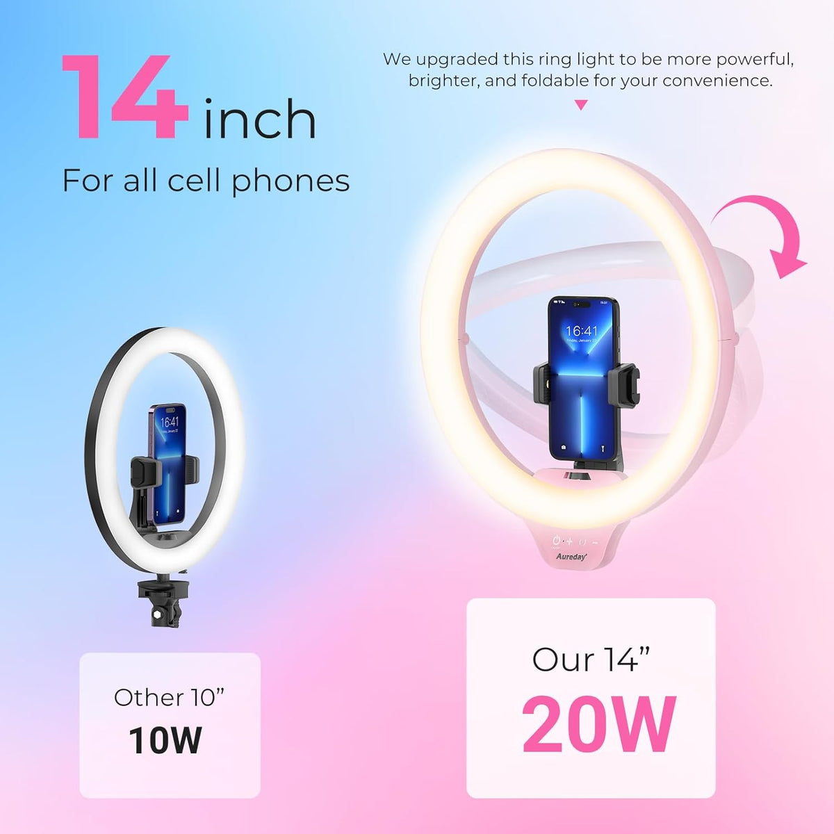 Aureday 14'' Pink Selfie Ring Light with 62'' Tripod Stand and Phone Holder, Dimmable LED Phone Ringlight for Makeup/Video Recording/Photography, Circle Lighting for Cell Phones&Lightweight Cameras