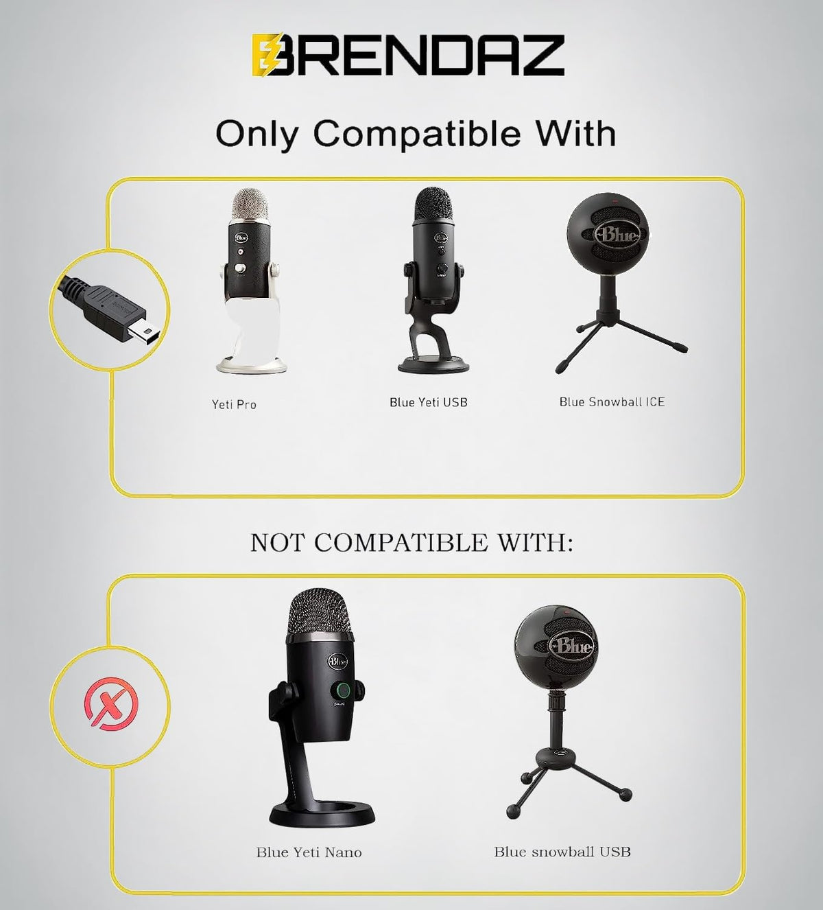BRENDAZ Mini USB Cable Cord Compatible with Blue Yeti Pro, Blue Yeti USB Mic, Blue Snowball iCE Microphone. (3-Feet)