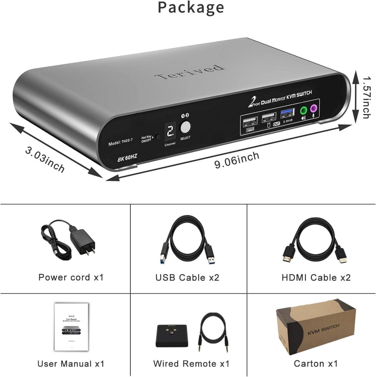 2 Computers 2 HDMI Monitor Automatic KVM Switch 8K@60Hz, Hotkey Switching, EDID, Support 5.1/7.1 Audio and Microphone, Aluminum Shell with Digital Display, USB 3.0 Hub, HDR10 with Cables