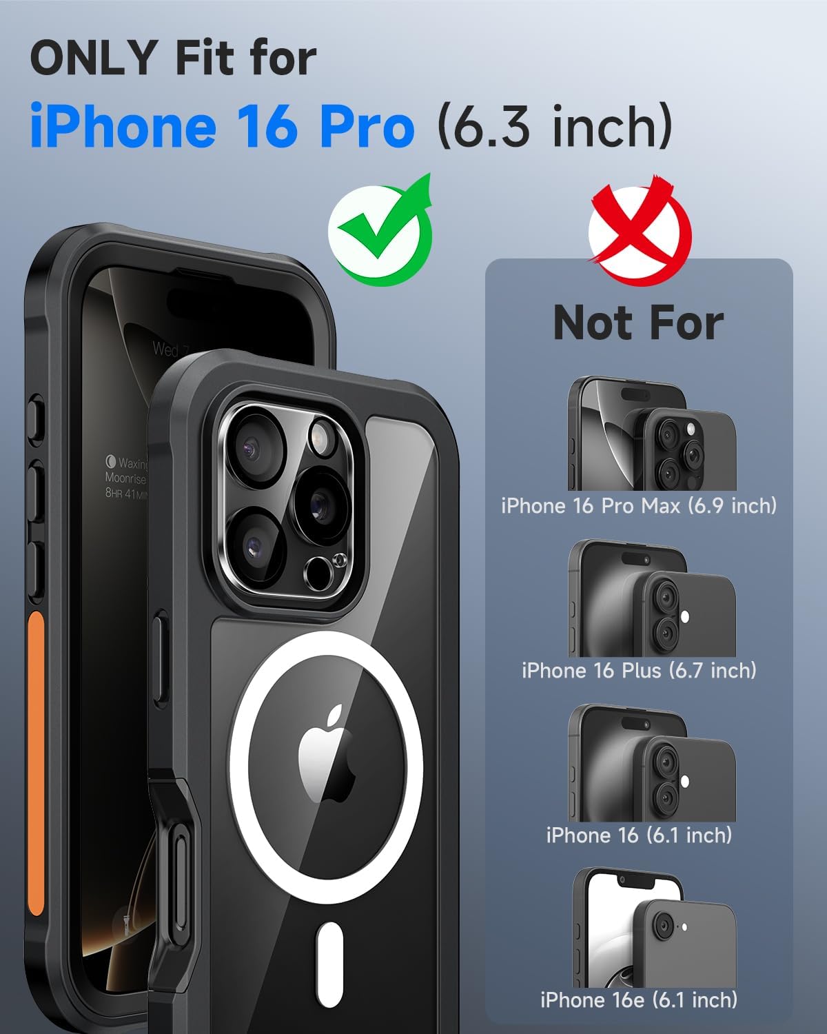 seacosmo for iPhone 16 Pro Case, Full Body Bumper with Built-in 9H Tempered Glass Privacy Screen Protector and Camera Lens Protector, Compatible with MagSafe, Shockproof Phone Cover, 6.3", Black
