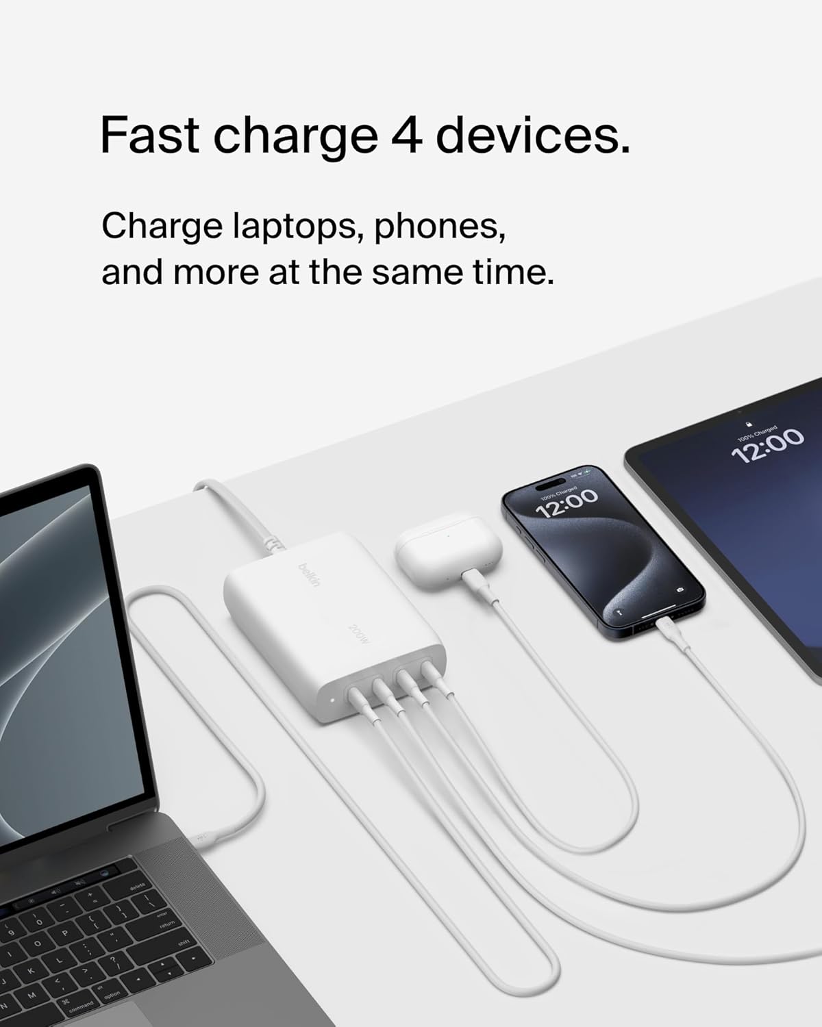 Belkin 4-Port USB C Charger Block 200W - GaN Multi-Port Charger USB-C PD 3.1 Fast Charge + 5ft Power Cord - MacBook, iPhone 16, iPad, Galaxy S25, Google Pixel, Nintendo Switch 2 - White