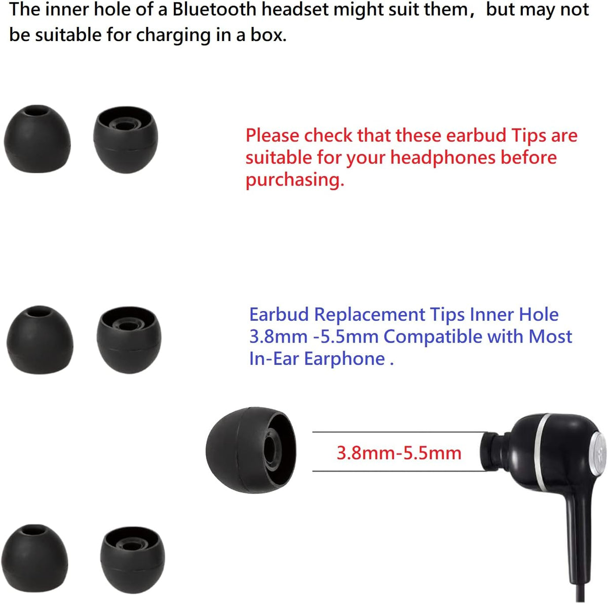36 Pieces Small Earbud Tips Soft and Comfortable Silicone Earbud Tips Ear Bud Replacement Pieces Silicone Fit Most in-Ear Headphones，Inner Hole 3.8mm -5.5mm，Small Black Replacement Eartips