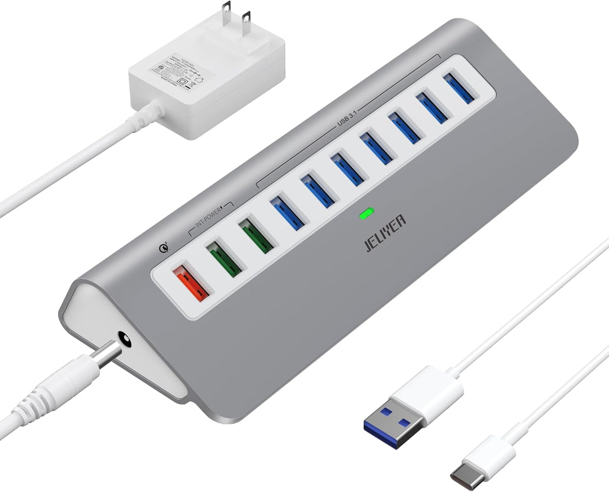 Powered USB Hub 10Gbps, 10 Ports USB 3.1 Gen 2 Hub Power Multiport USB Splitter USB Extender (7 USB 3.1 Data Port and 3 Fast Charging Port) with 36W Power Adapter, for Desktop/USB-A&USB-C Laptop/PC