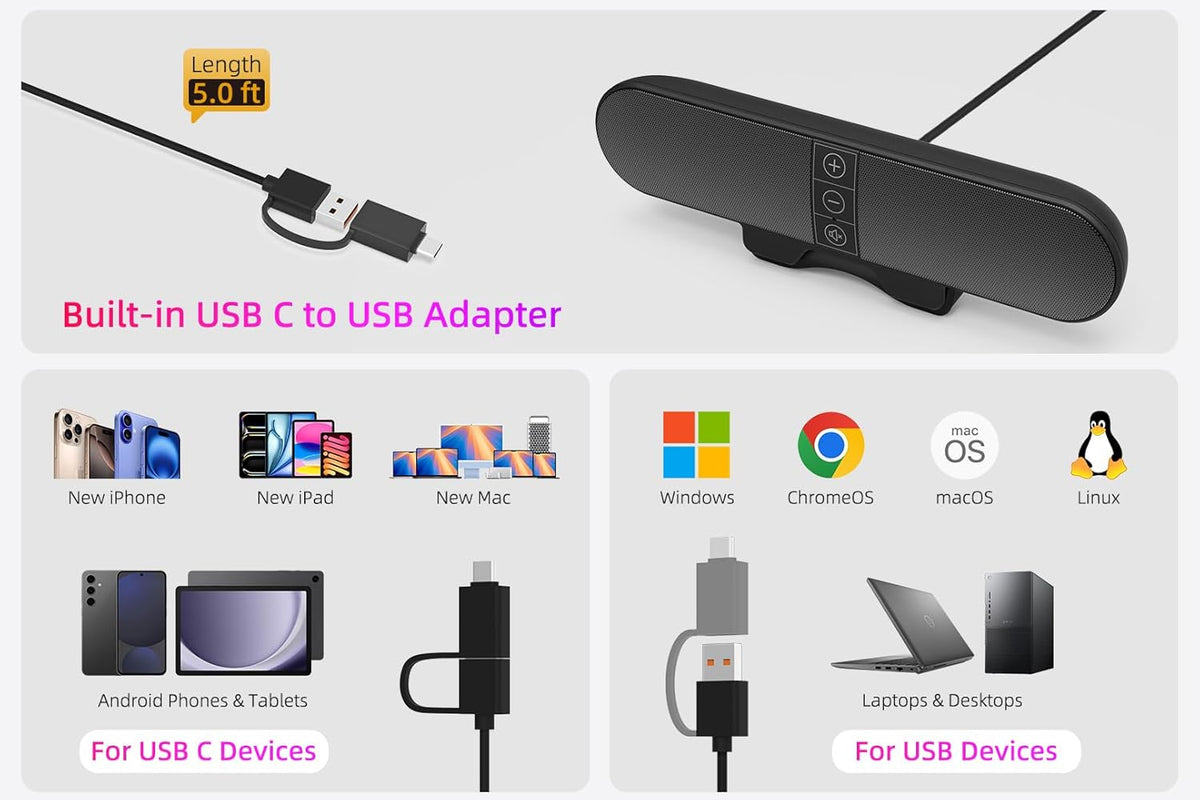 Computer Speakers for Desktop PC Monitor, USB Plug-in, Wired, Computer Soundbar for PC, Laptop Speakers with Adaptive-Channel-Switching, Loud Sound, Deep Bass, USB C Adapter, Easy to Clip on Monitor